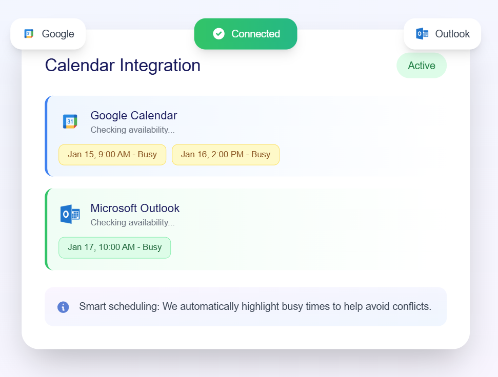 Calendar integration with Google Calendar and Outlook for seamless scheduling